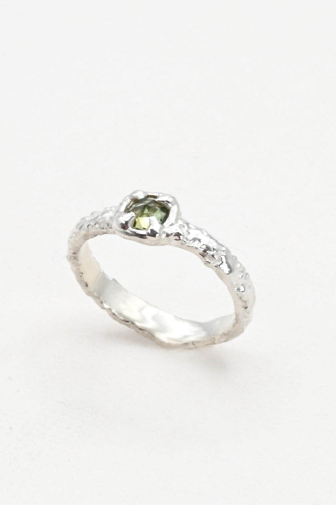 Light green sapphire ring with textured sterling silver band, by J'Adorn Designs