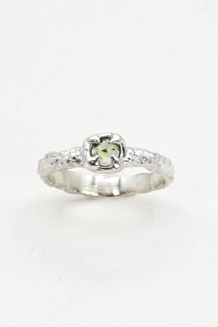 Light green sapphire ring with textured sterling silver band, by J'Adorn Designs