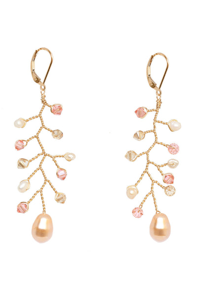 Delicate gold vine earrings in peach and blush crystals with freshwater pearl accents. Handcrafted bridal earrings for a bride or wedding party gifts, made by J'Adorn Designs artisan jewelry made in Baltimore, Maryland.