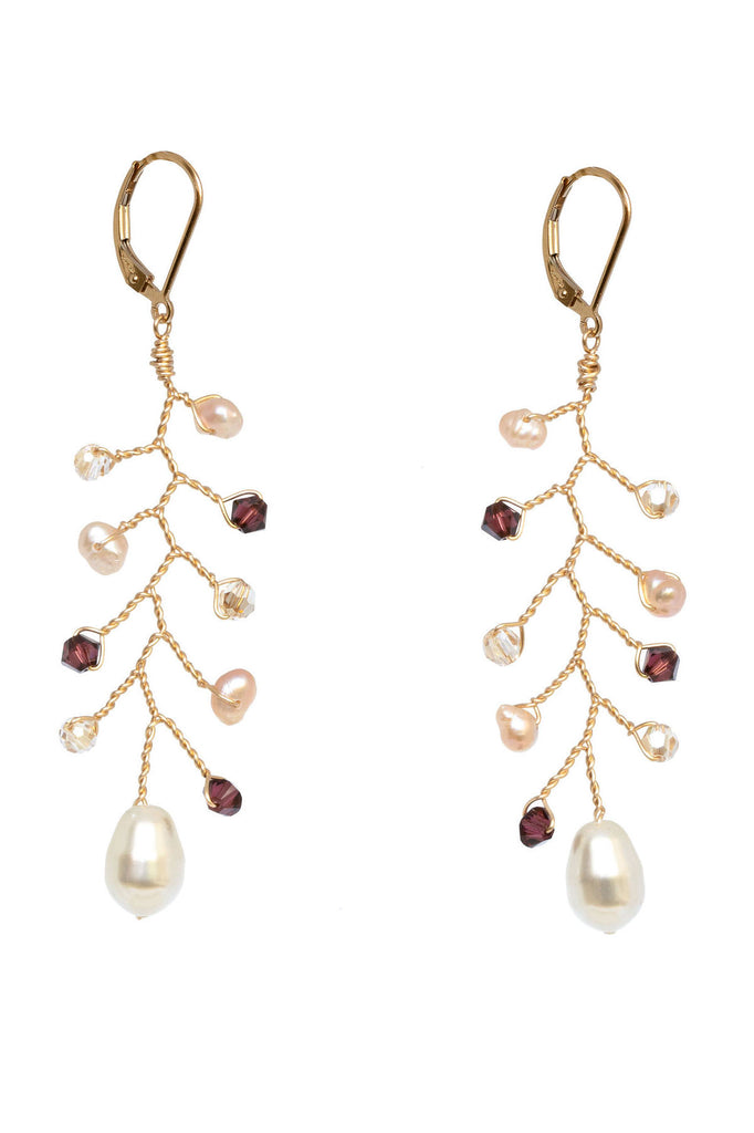 Pretty Gold Vine Earrings in Merlot and Blush Crystals with Pearls, by J'Adorn Designs artisan wedding jewelry