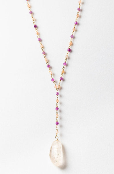 Pink and gold lariat necklace with ruby, peach moonstone, and pink aquamarine beads. Handmade artisan jewelry by Alison Jefferies for J'Adorn Designs.