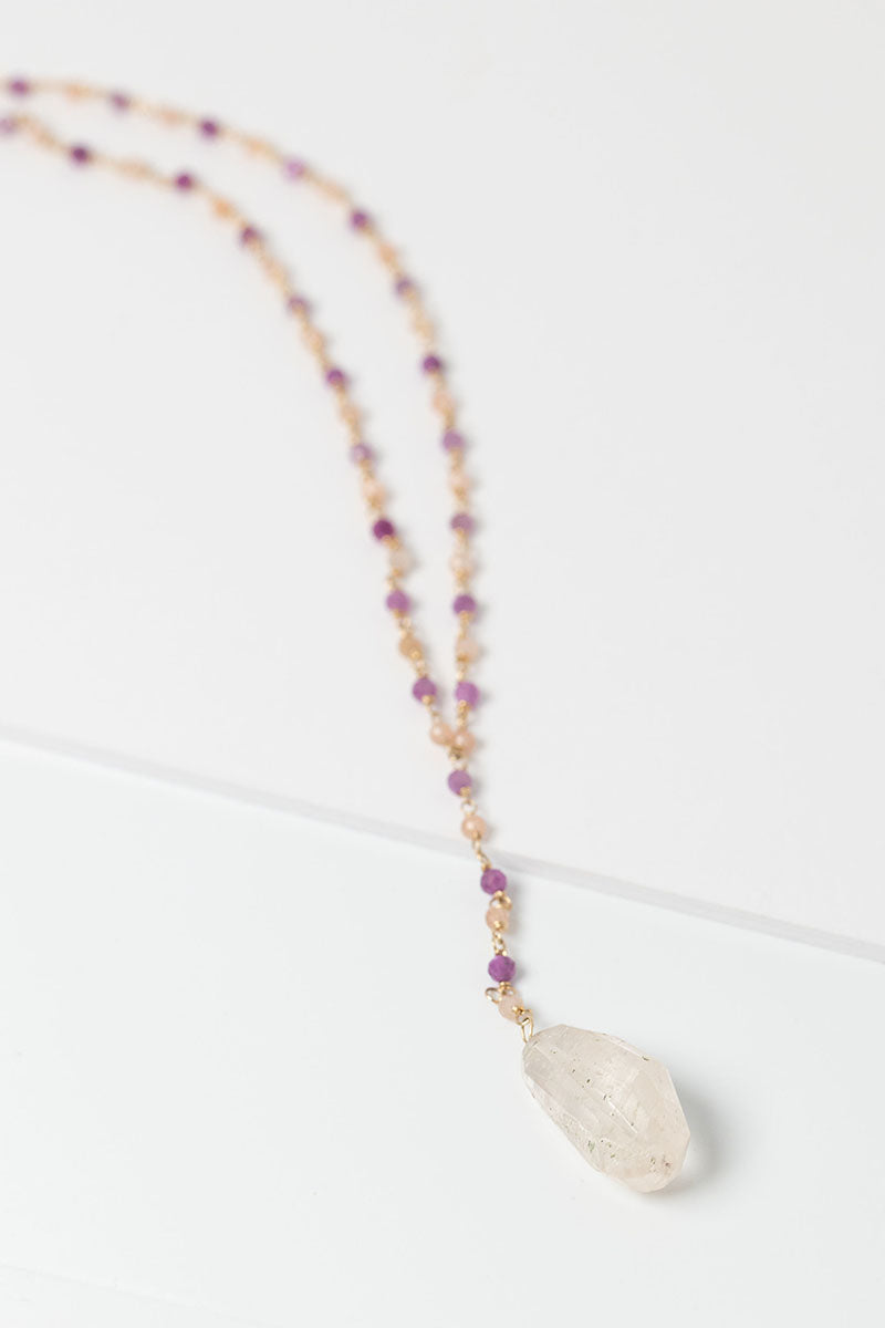 Pink and gold lariat necklace with ruby, peach moonstone, and pink aquamarine beads. Handmade artisan jewelry by Alison Jefferies for J'Adorn Designs.