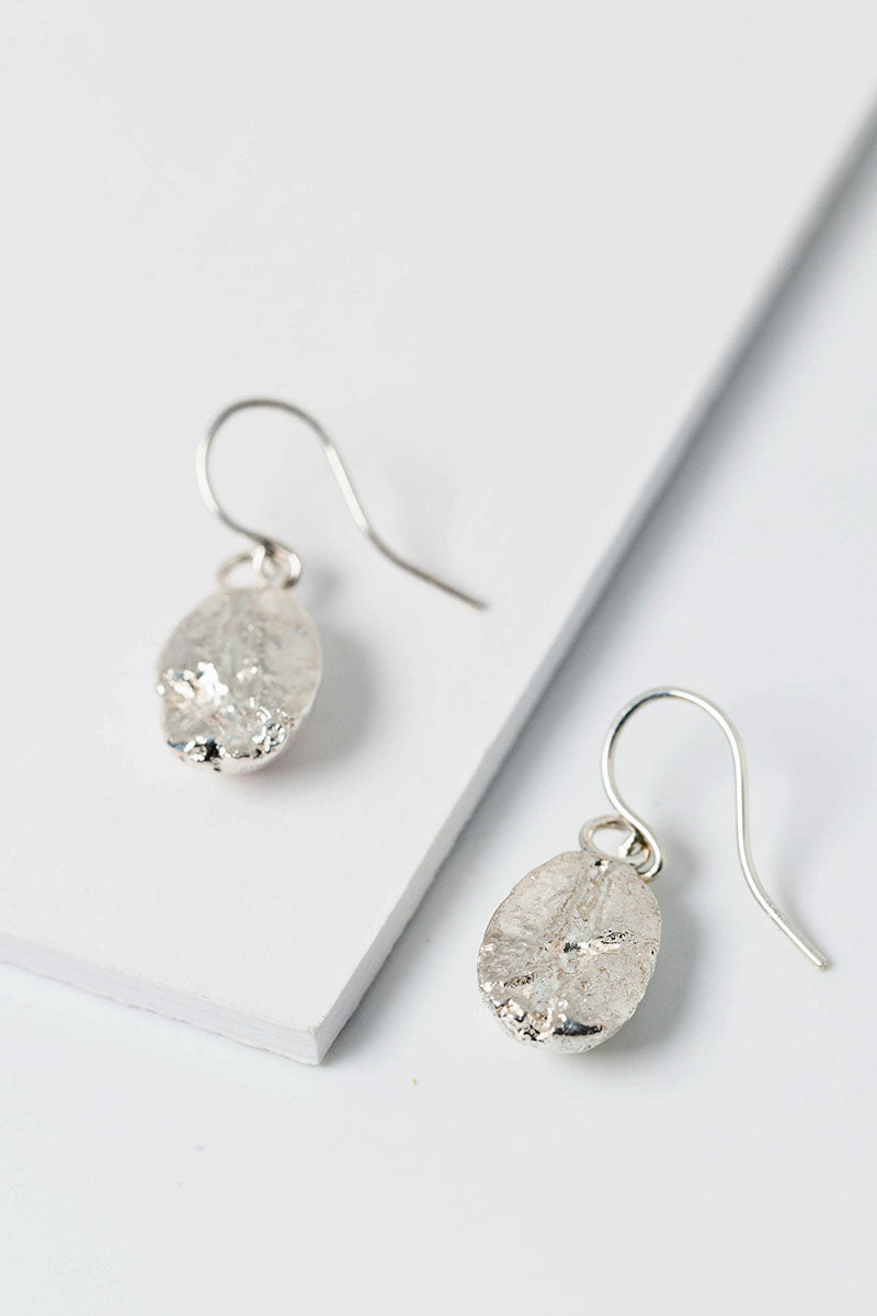 Sterling silver coffee bean drop earrings. Unisex artisan fine jewelry by Alison Jefferies for J'Adorn Designs handcrafted jewelry.