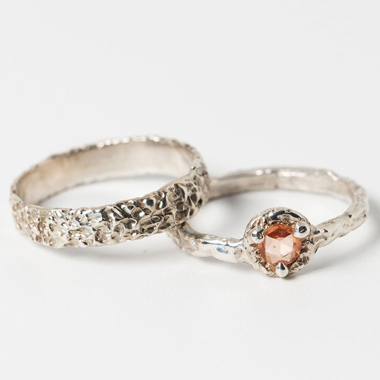 Sterling silver textured crater band stacking ring  and textured peach sapphire solitaire ring by J'Adorn Designs