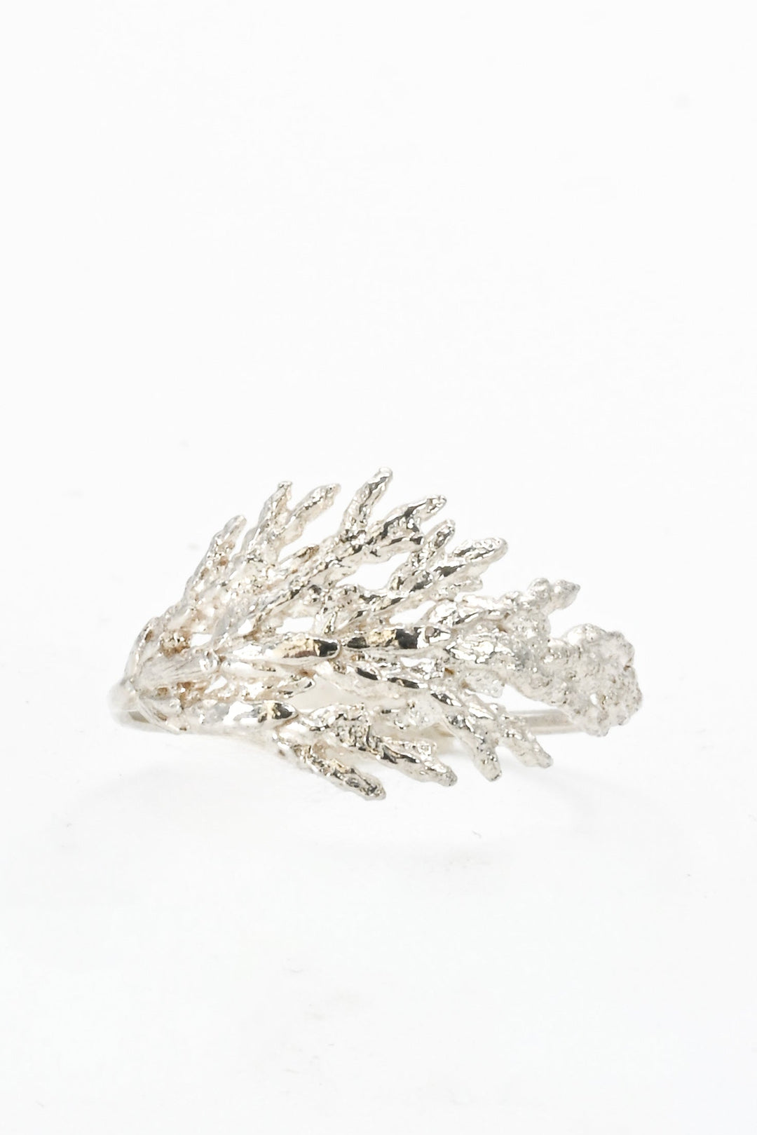 Front view of a cast silver evergreen leaf ring by J'Adorn Designs
