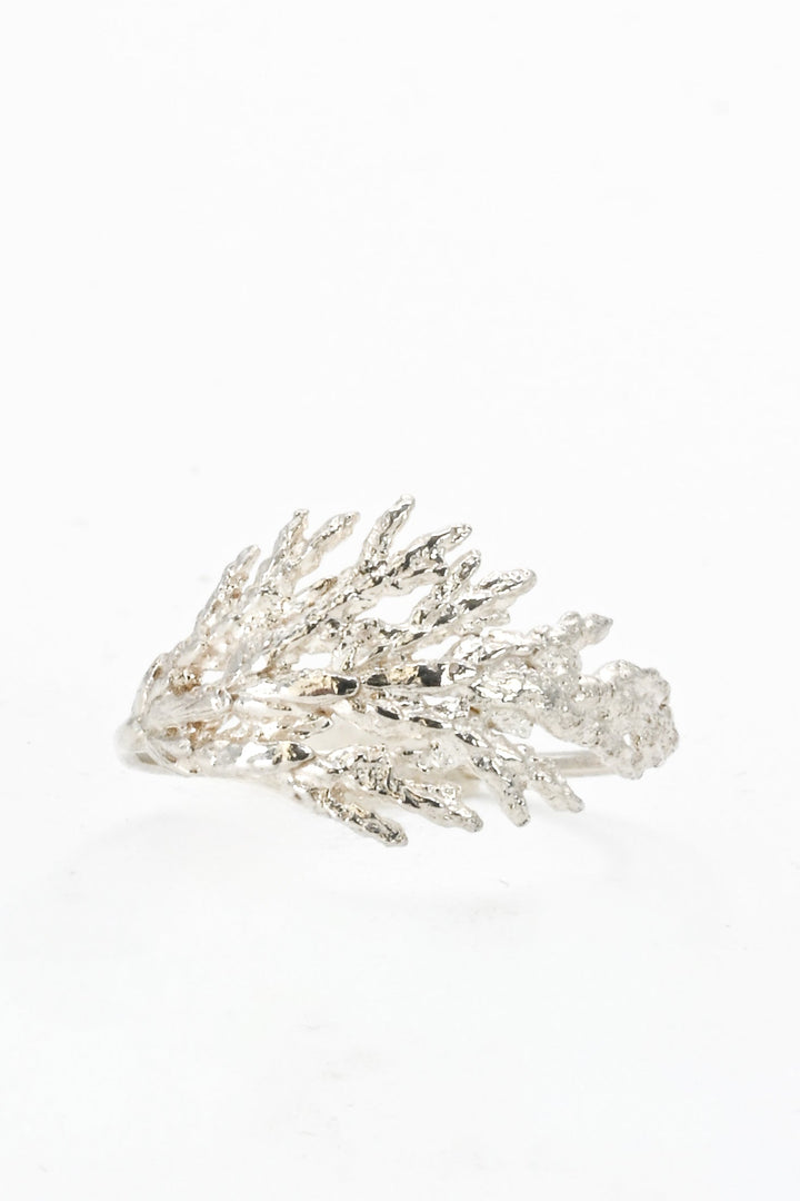 Front view of a cast silver evergreen leaf ring by J'Adorn Designs