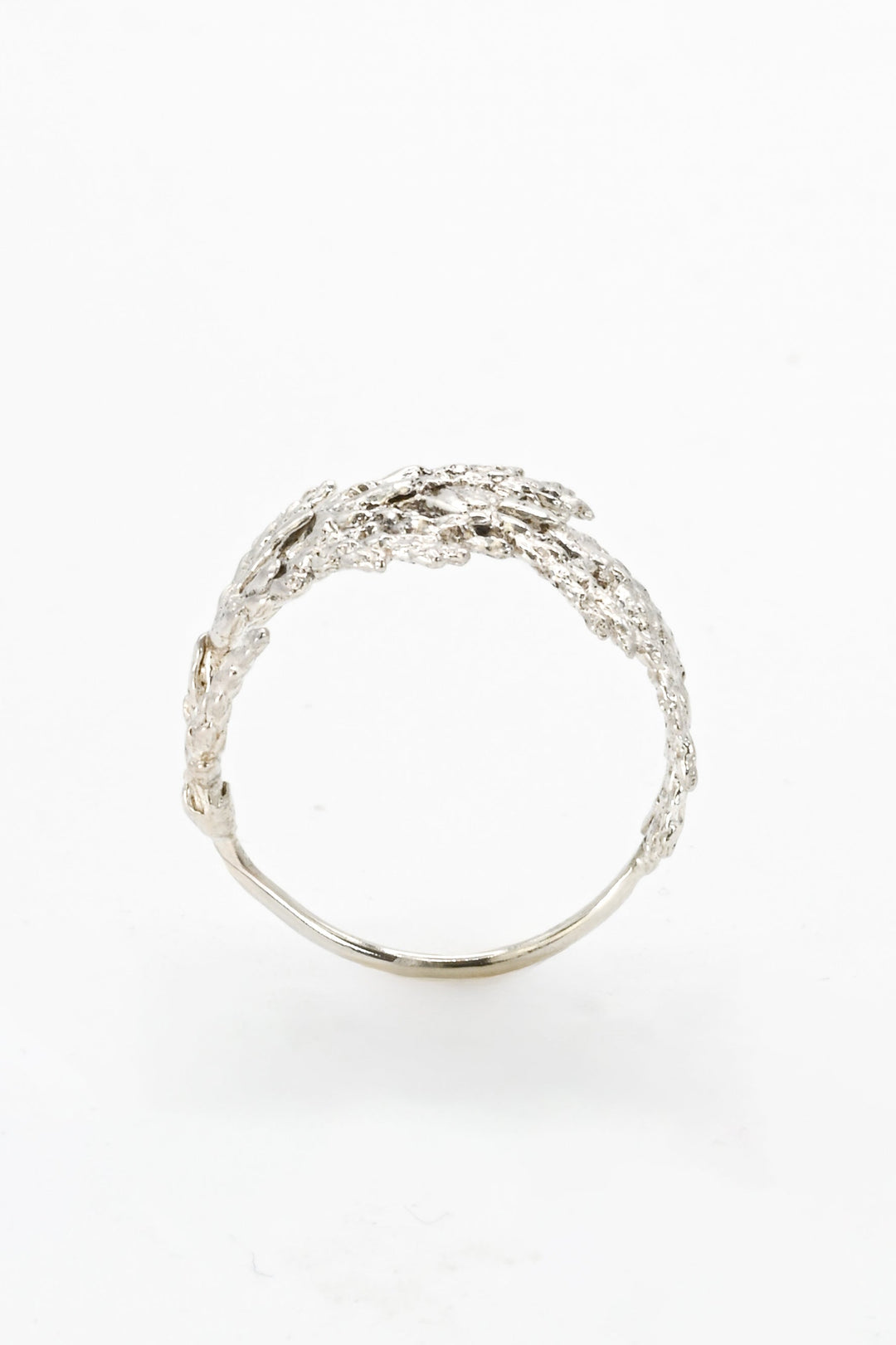 Side view of a cast silver evergreen leaf ring by J'Adorn Designs