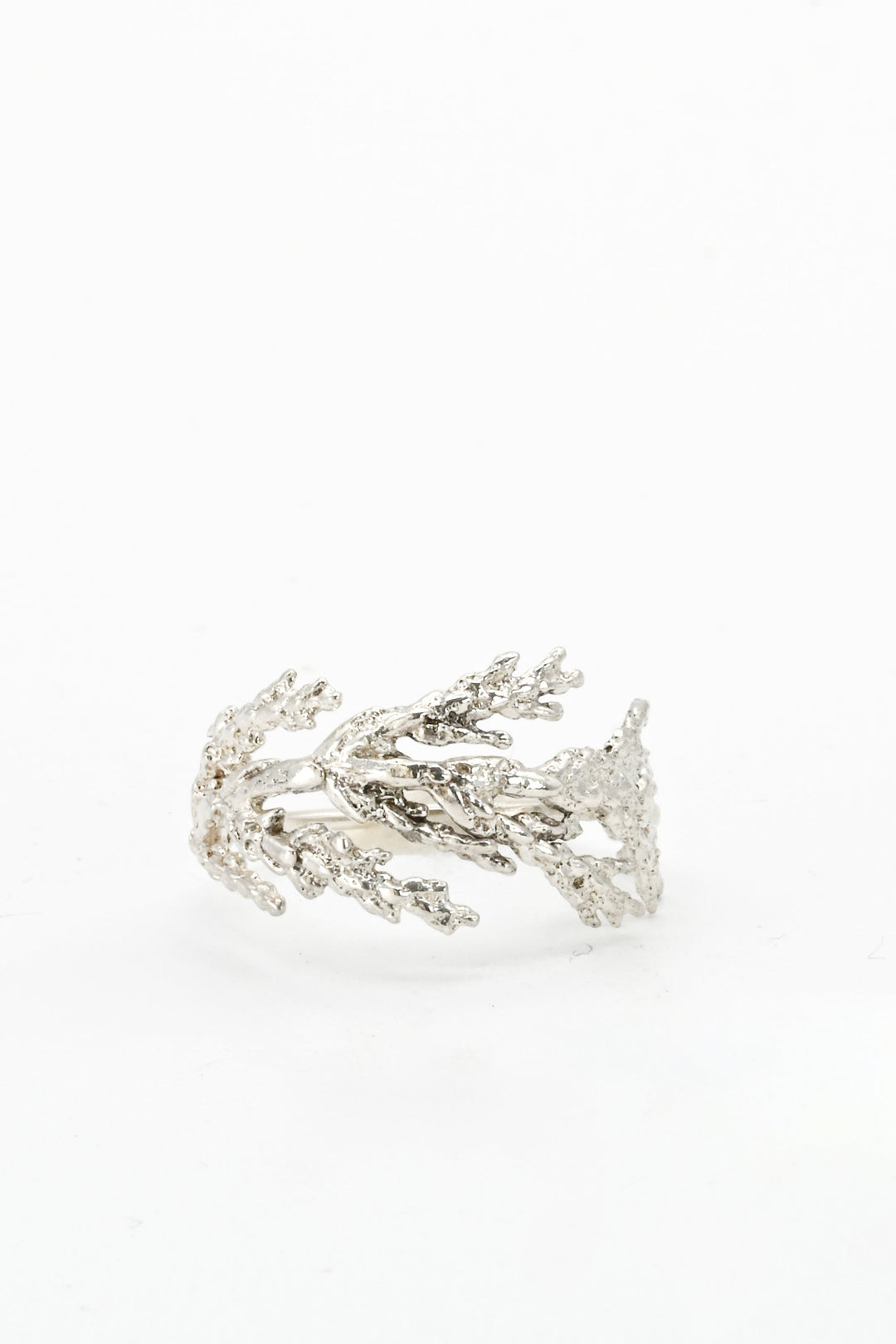 Front view of a cast silver evergreen leaf ring by J'Adorn Designs