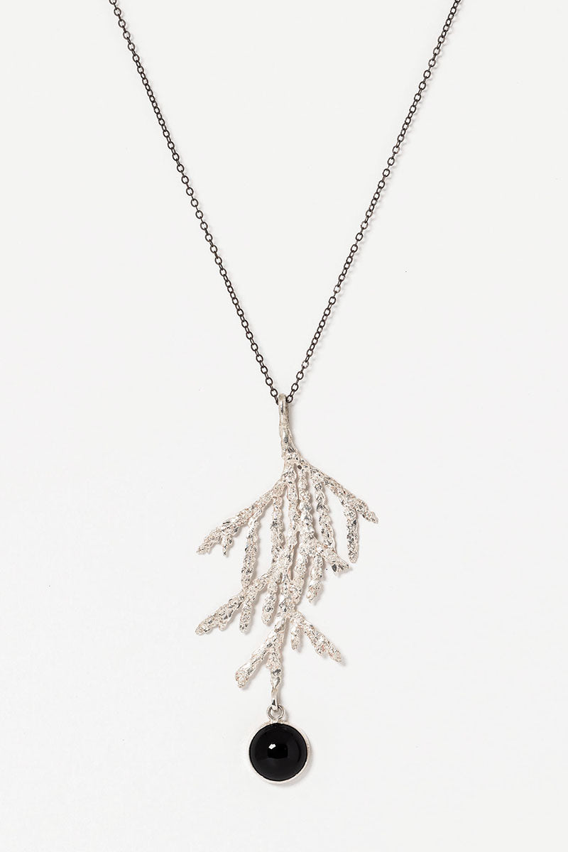 Sterling silver evergreen leaf necklace with round onxy drop and oxidized silver chain