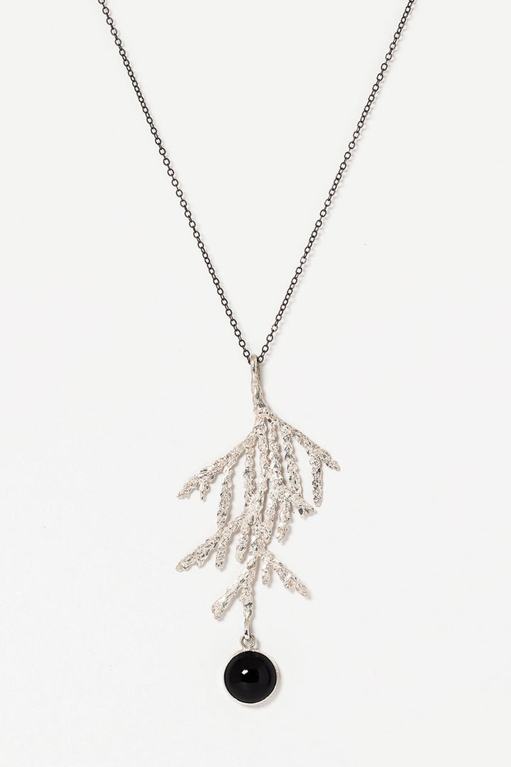 Sterling silver evergreen leaf necklace with round onxy drop and oxidized silver chain