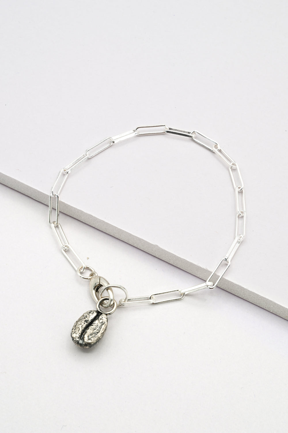 Silver paperclip chain with charm holder clasp and silver coffee bean charm by J'Adorn Designs
