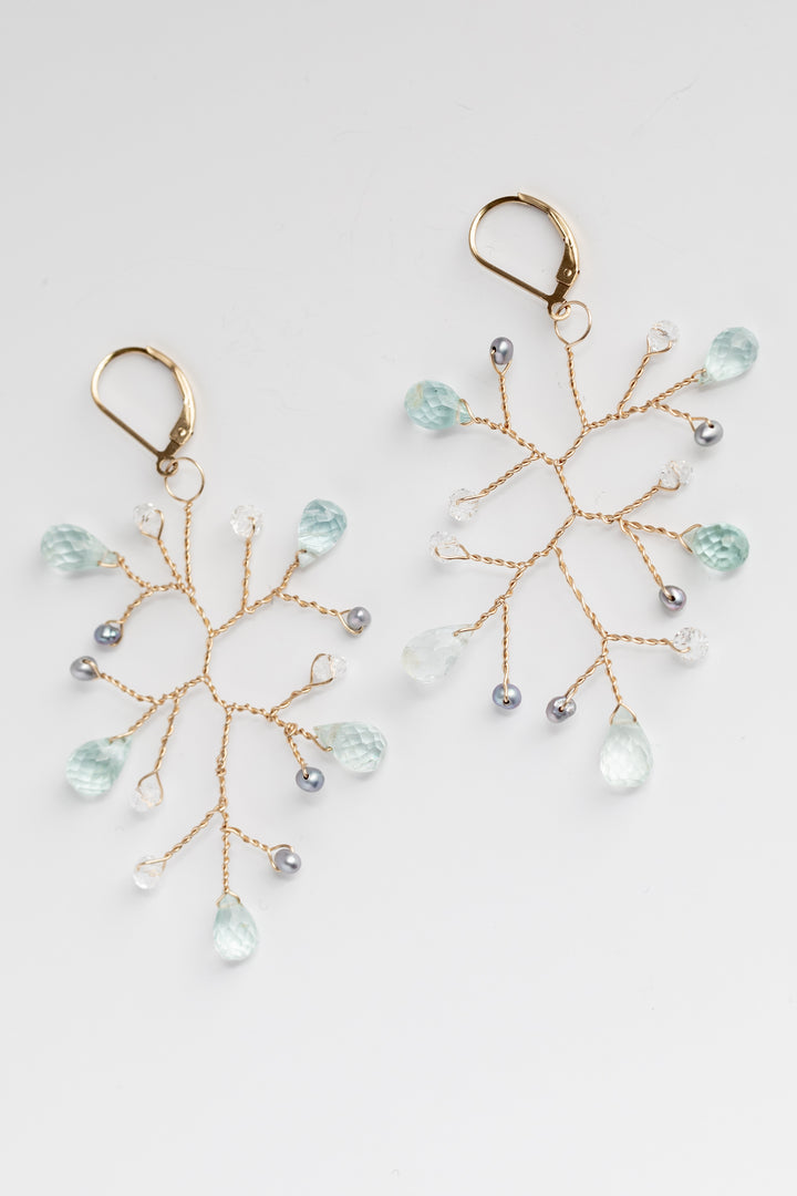 Handcrafted gemstone statement earrings, aquamarine and freshwater pearl branch earrings in gold, lightweight handcrafted earrings by J'Adorn Designs artisan jewelry