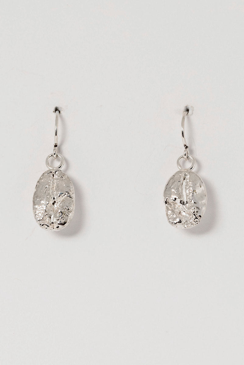 Sterling silver coffee bean drop earrings. Unisex artisan fine jewelry by Alison Jefferies for J'Adorn Designs handcrafted jewelry.