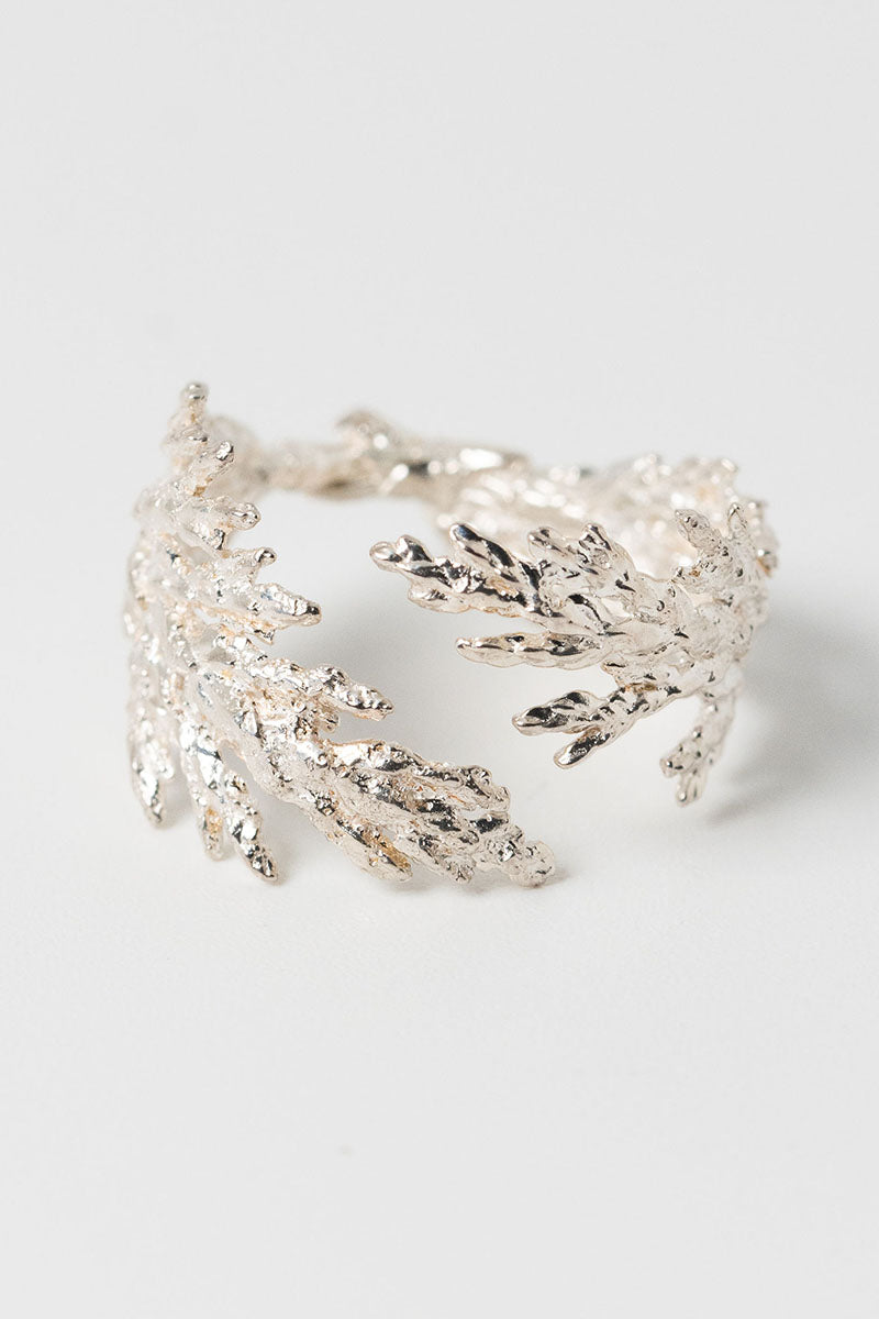 Sterling silver evergreen leaf ring, adjustable juniper leaf ring made from nature by custom jewelry artist Alison Jefferies for J'Adorn Designs