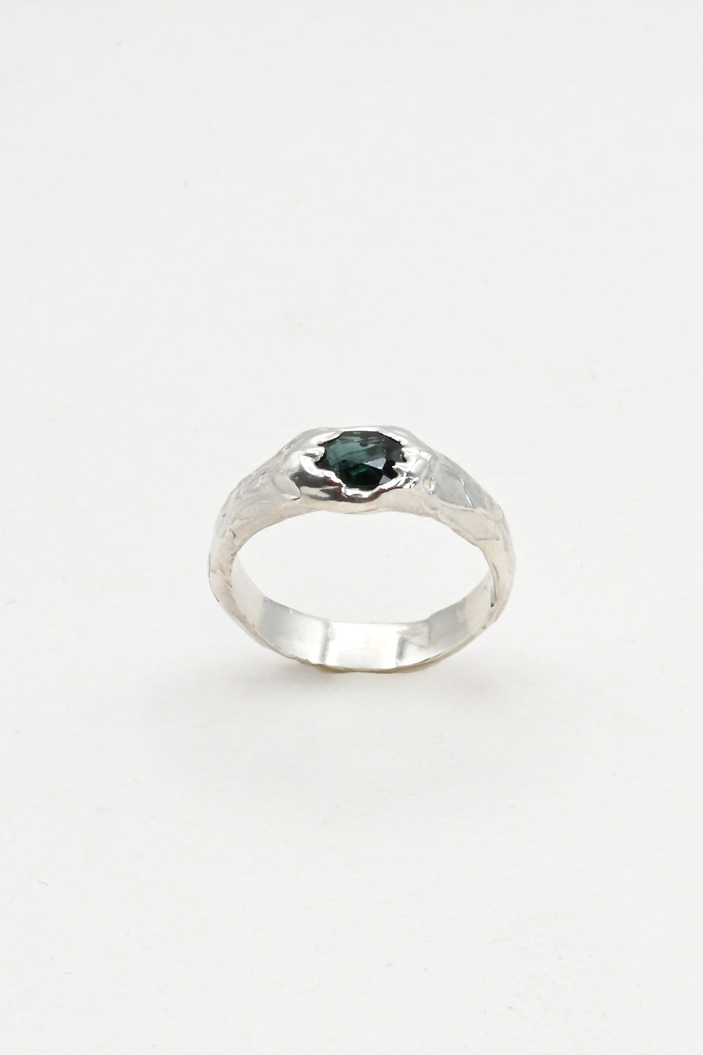 Dark green oval sapphire ring with a textural sterling silver band, by J'Adorn Designs