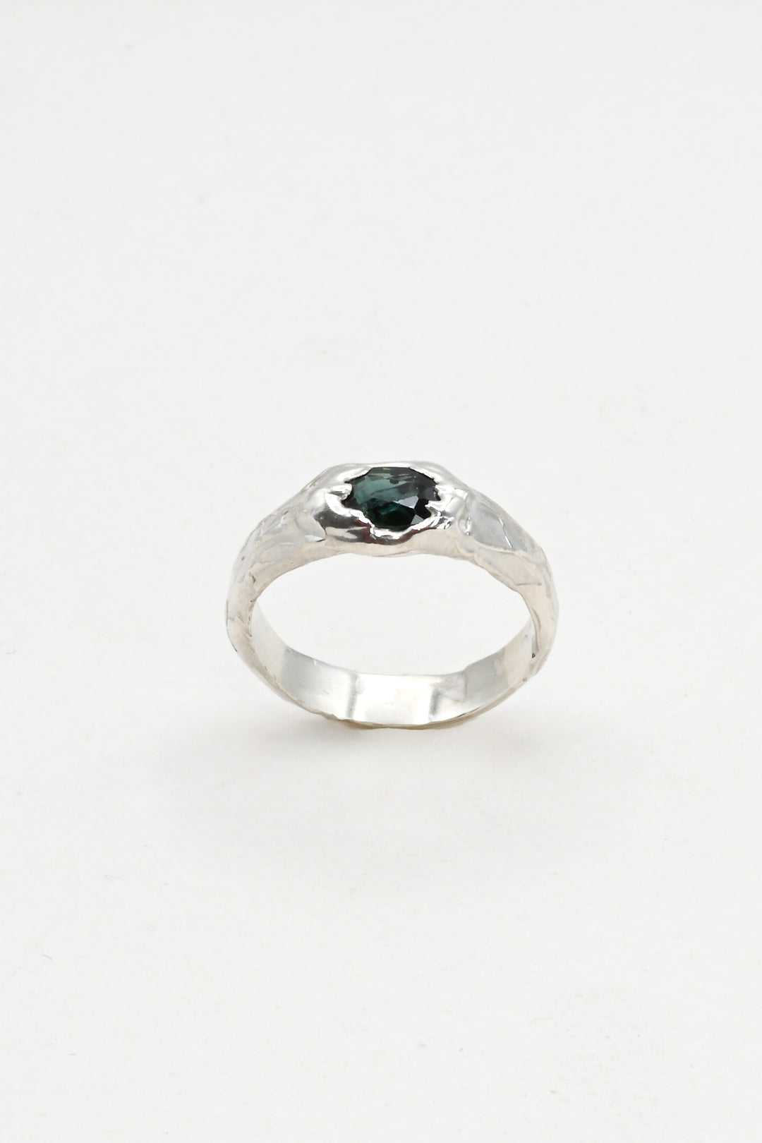Dark green oval sapphire ring with a textural sterling silver band, by J'Adorn Designs