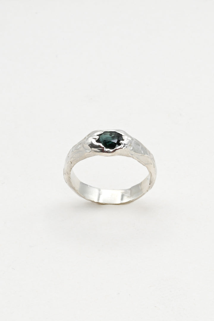 Dark green oval sapphire ring with a textural sterling silver band, by J'Adorn Designs