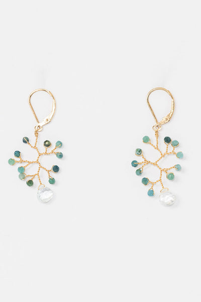 Teal tourmaline and light blue aquamarine wire-wrapped gold vine earrings with lever back earring hooks made by Alison Jefferies for J'Adorn Designs artisan jewelry.