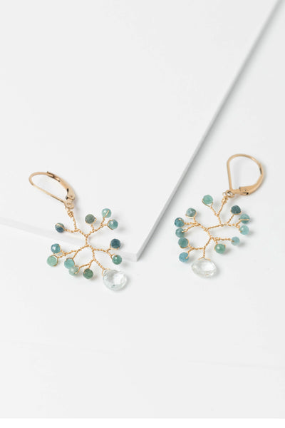 Teal tourmaline and light blue aquamarine wire-wrapped gold vine earrings with lever back earring hooks made by Alison Jefferies for J'Adorn Designs artisan jewelry.