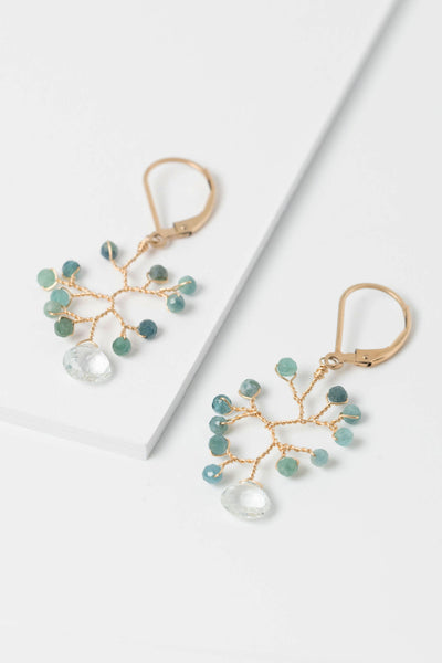 Teal tourmaline and light blue aquamarine wire-wrapped gold vine earrings with lever back earring hooks made by Alison Jefferies for J'Adorn Designs artisan jewelry.