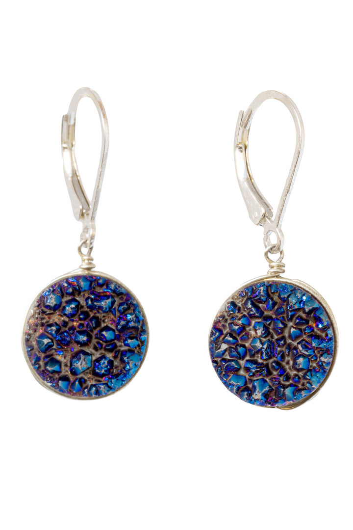 Round blue violet druzy gemstone earrings with sterling silver wire wrapping and leverback earring hooks. Handcrafted druzy jewelry by J'Adorn Designs jewelry artisan Alison Jefferies