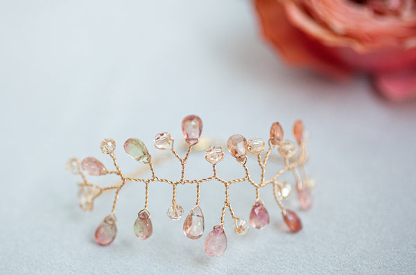 Delicate gold vine bracelet with teardrop watermelon tourmaline and golden crystal beads. Wedding corsage alternative jewelry by Alison Jefferies of J'Adorn Designs