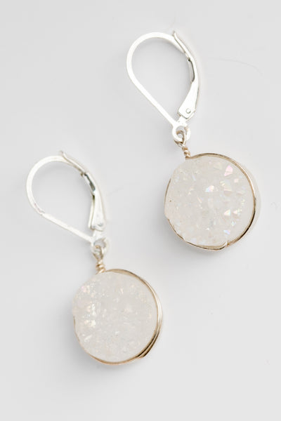 White druzy gemstone earrings in sterling silver, handcrafted jewelry by J'Adorn Designs