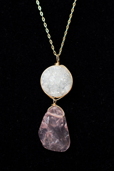 White druzy and rough rose quartz pendant necklace with thin delicate gold chain. Pink and white gemstone necklace by J'Adorn Designs jewelry designer Alison Jefferies.