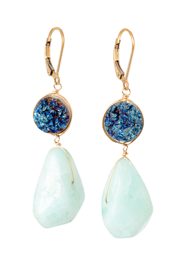 Aqua blue druzy and amazonite nugget drop earrings with gold wire on leverback earrings by jadorn designs jeweler Alison Jefferies