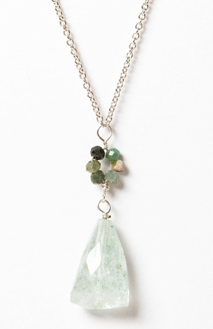 Oceanic pendant necklace in silver with a blue and green "flower" pendant and long light blue faceted drop pendant. Sterling silver necklace in cool ocean colors, handcrafted by J'Adorn Designs artisan Alison Jefferies