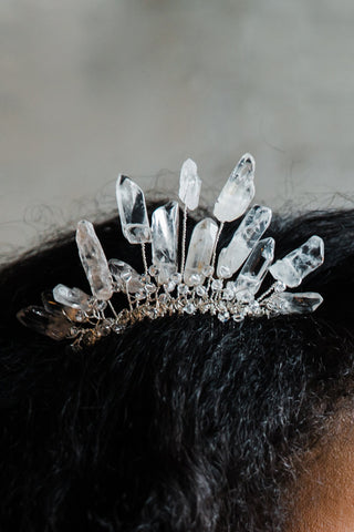 Crystal quartz spike crown of ice bridal comb in silver with clear quartz spike and mini swarovski crystal dusting by J'Adorn Designs jewelry artisan Alison Jefferies
