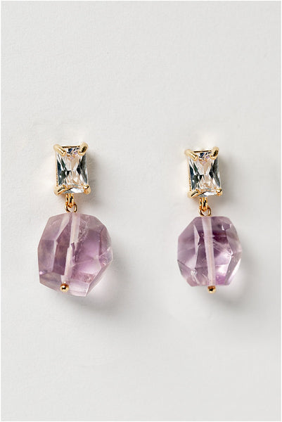 Amethyst bridal stud earrings, emerald cut posts with light purple faceted amethyst drops and sterling silver earring posts. Hypoallergenic comfortable bridal jewelry for a modern wedding with simple style, by J'Adorn Designs artisan Alison Jefferies.