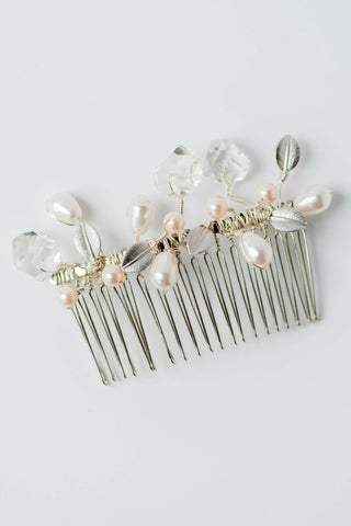 Simple & intricate couture handcrafted hair comb; Hand-wired white Swarovski® round & teardrop pearls with crystal quartz nuggets & silver leaves; by J'Adorn Designs, Baltimore Maryland couture and custom jewelry studio, photography by Nichole Rosado Meredith