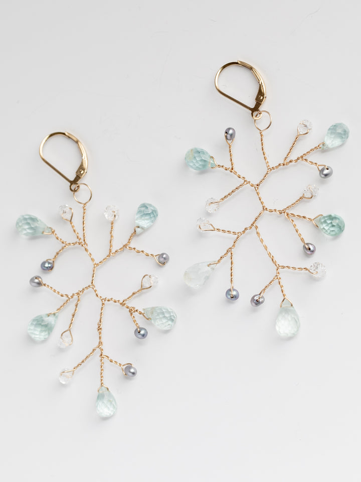 Handcrafted gemstone statement earrings, aquamarine and freshwater pearl branch earrings in gold, lightweight handcrafted earrings by J'Adorn Designs artisan jewelry