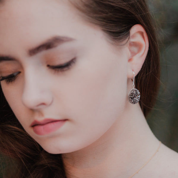 Black druzy oval gemstone earrings in sterling silver, handcrafted jewelry by J'Adorn Designs