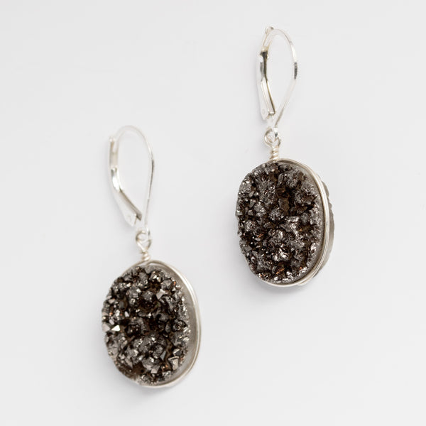 Black druzy oval gemstone earrings in sterling silver, handcrafted jewelry by J'Adorn Designs