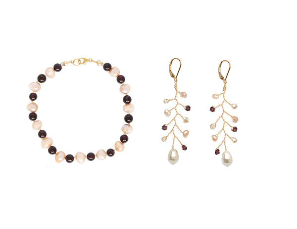 Our pink pearl and garnet bracelet pairs perfectly with our delicate gold vine earrings in merlot and blush colors. All jewelry from J'Adorn Designs is made by hand at our artisan jewelry studio in Baltimore, Maryland.