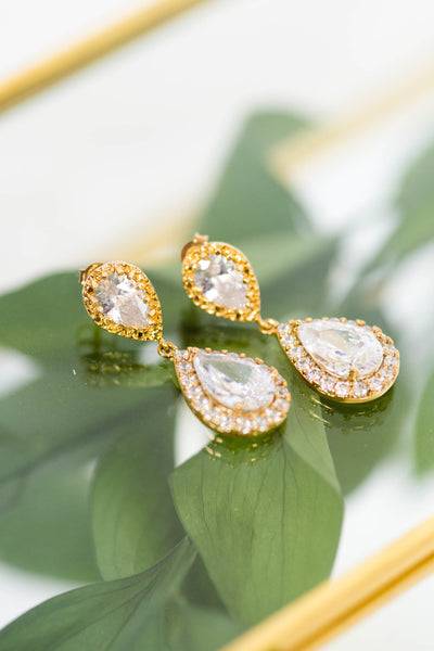 Gold halo earrings, double crystal teardrop earrings, elegant bridal jewelry by J'Adorn Designs