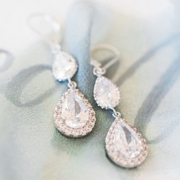 Double crystal teardrops with halo, hypoallergenic silver bridal earrings by J'Adorn Designs jewelry artisan Alison Jefferies