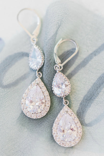 Sparkly teardrop bridal earrings, halo earrings by J'Adorn Designs