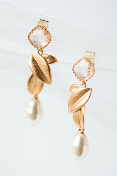 Blush peach crystal gold leaf teardrop pearl bridal formal earrings for bride or bridesmaid gift by J'Adorn Designs, Baltimore Maryland couture and custom jewelry studio