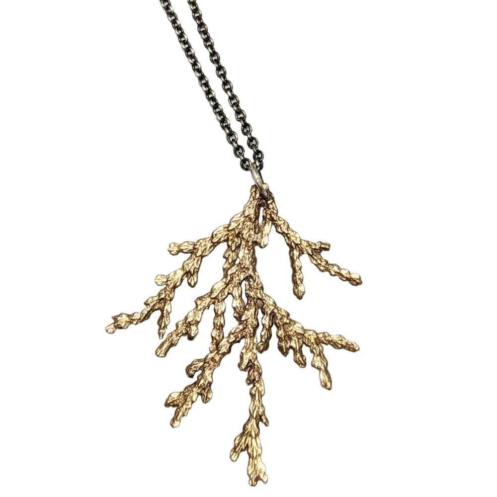 Natural bronze casting of an evergreen leaf pendant with a black oxidized sterling silver chain. Lightweight handmade necklace by J'Adorn Designs jewelry artist Alison Jefferies.