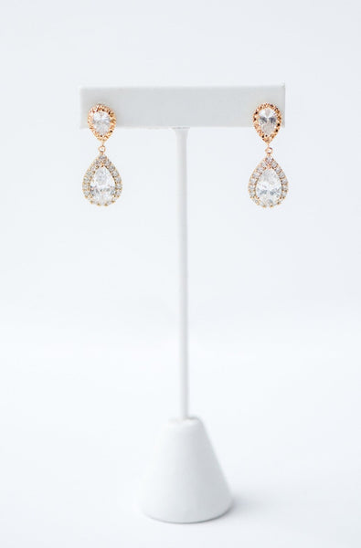 Gold halo earrings, double crystal teardrop earrings, elegant bridal jewelry by J'Adorn Designs
