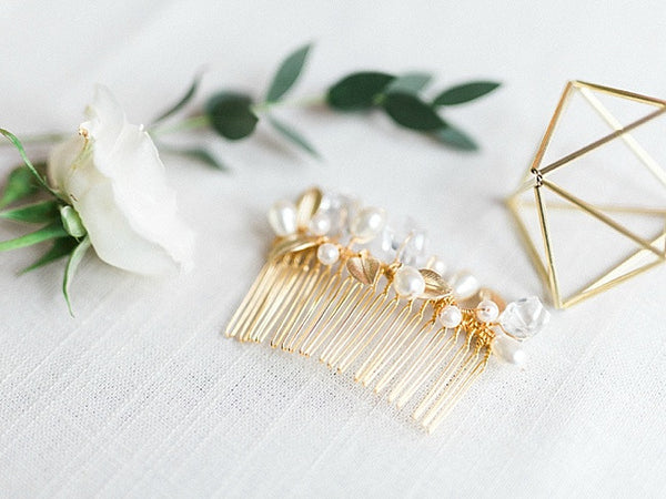 Modern geometric bridal hair comb with gold leaves by J'Adorn Designs custom jewelry