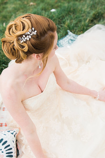 Modern geometric bridal hair comb with silver leaves by J'Adorn Designs custom jewelry