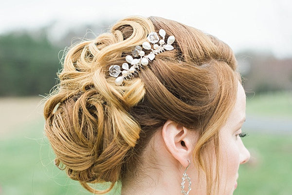 Modern geometric bridal hair comb with silver leaves by J'Adorn Designs custom jewelry