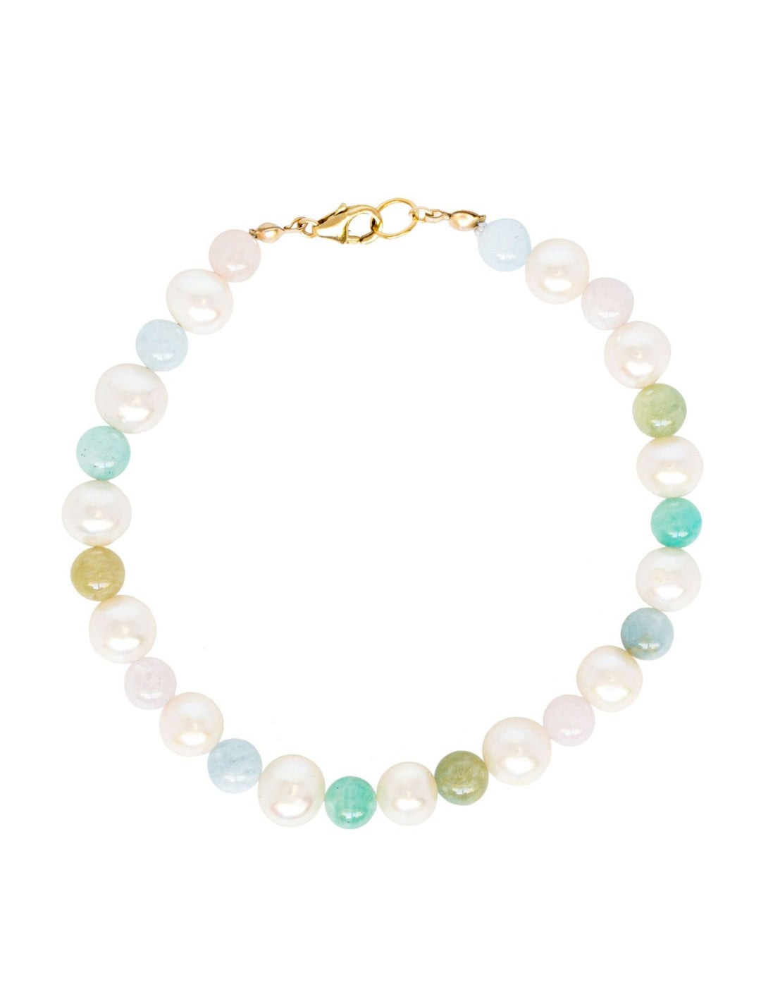 A beautiful rainbow inspired pearl bracelet made with freshwater pearls and multicolored beryl beads with a gold filled clasp. Artisan jewelry by J'Adorn Designs.