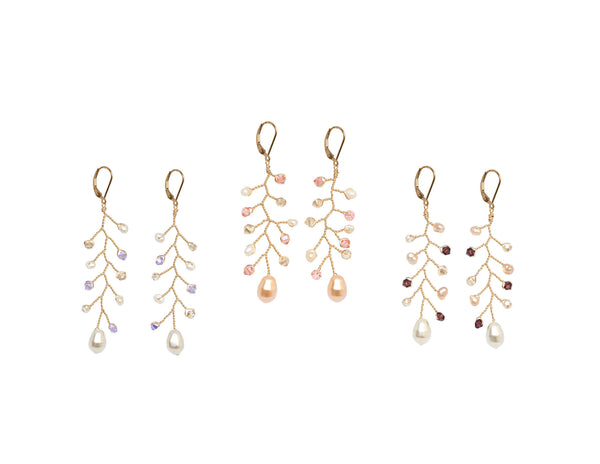 Three pairs of delicate vine earrings in various colors to match wedding colors with jewelry. Lightweight gold branch earrings in purple/ivory, blush/peach, and merlot/ivory color palettes. Handcrafted wedding jewelry by J'Adorn Designs artisan jewelry.