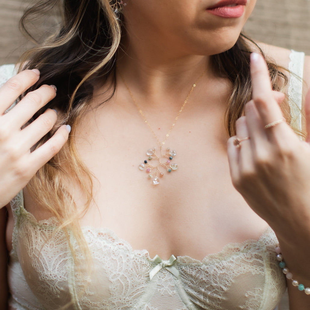 Rainbow pastel vine pendant necklace with aquamarines and tourmalines on a delicate gold chain by Alison Jefferies for J'Adorn Designs handcrafted jewelry