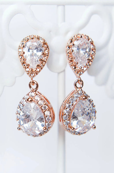 Rose gold teardrop sparkly bridal earrings, modern bridal jewelry by J'Adorn Designs